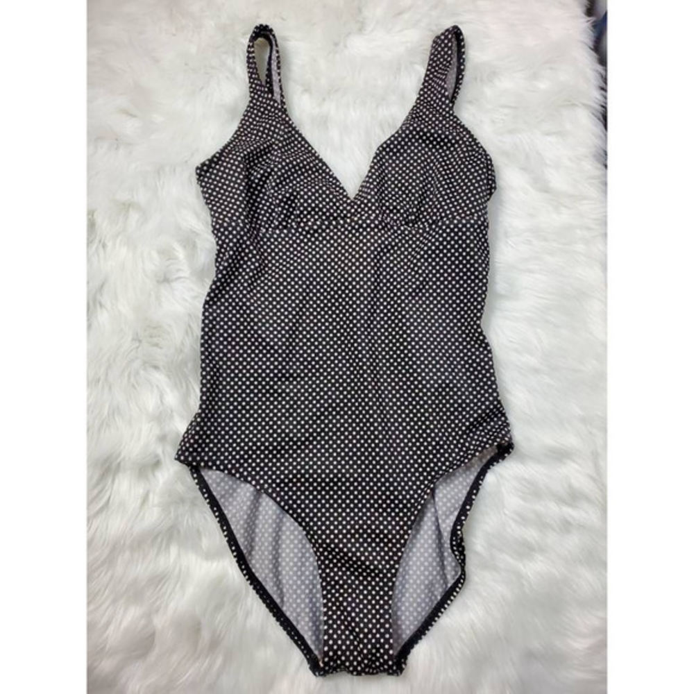 Islander Womens One Piece Swimsuit Black White Floral Lined V Neck Stretch 6